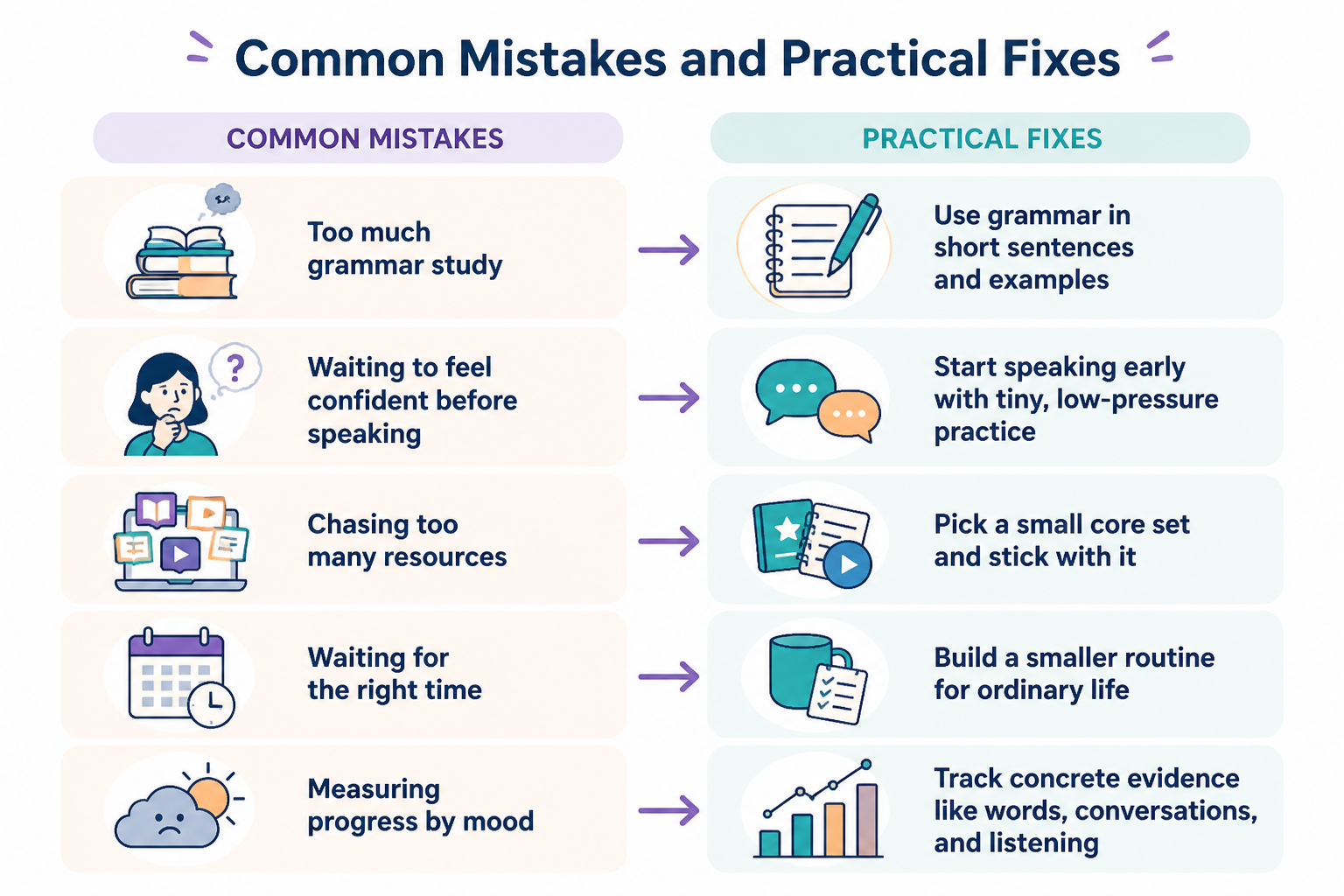 Comparison chart of common language-learning mistakes and simple fixes