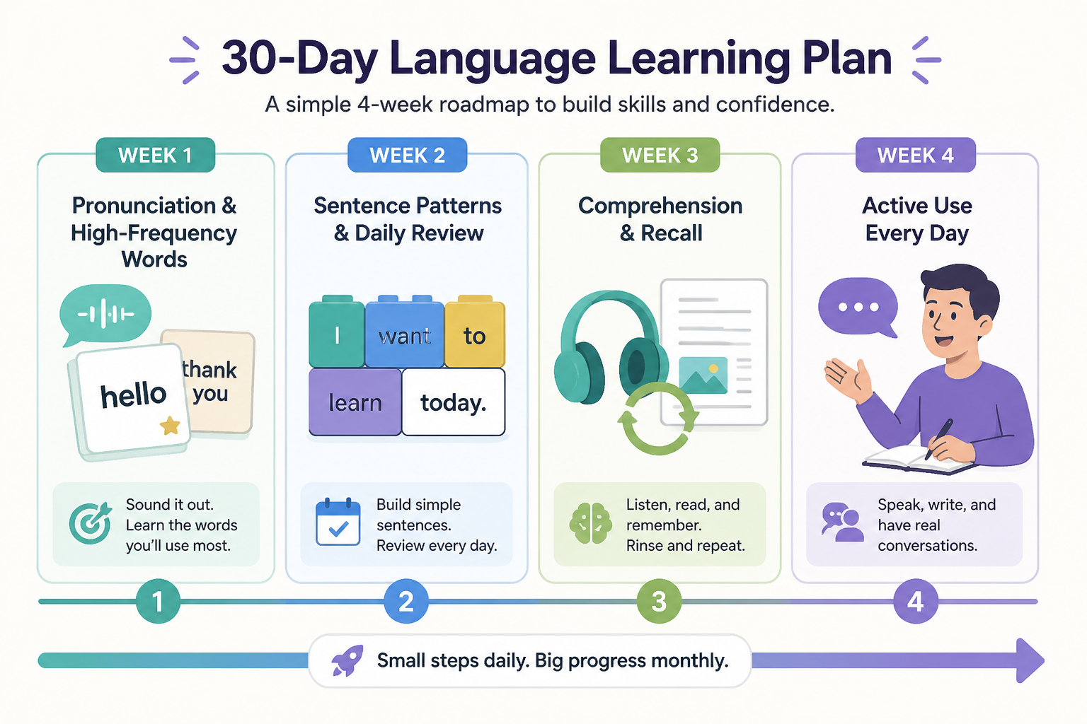 A four-week language learning timeline showing gradual progress from basics to active use.