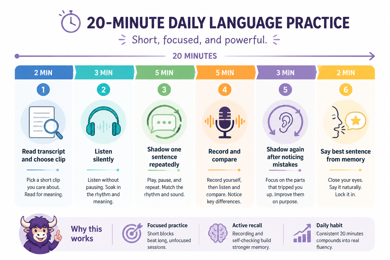 Timeline of a 20-minute shadowing practice session