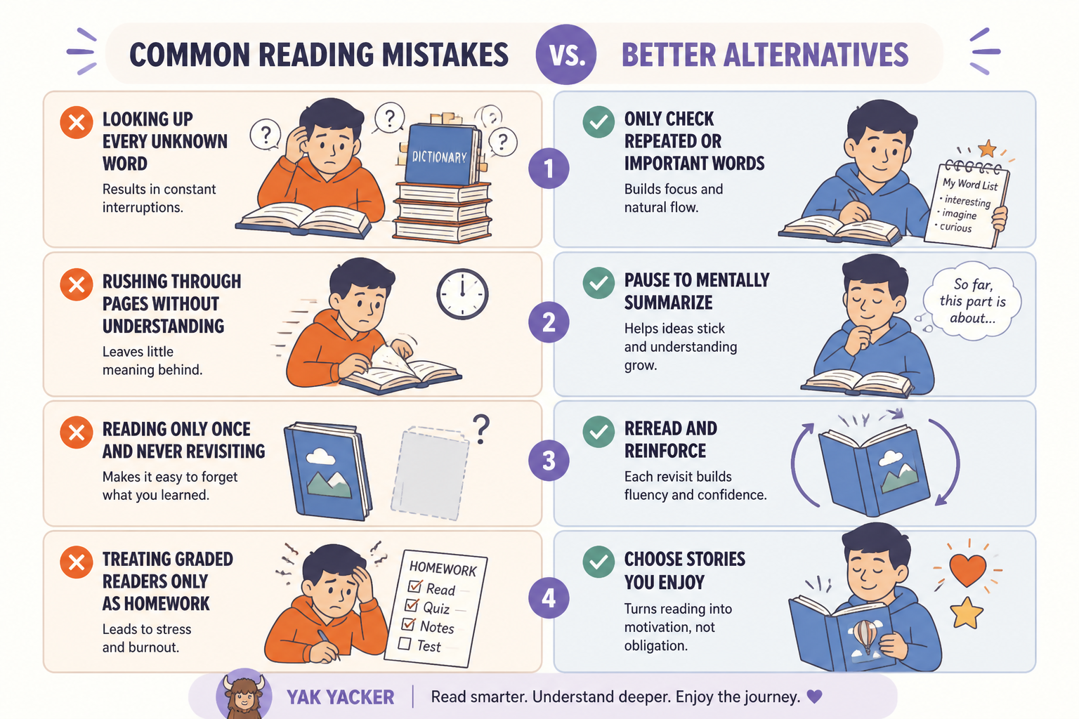 Common graded-reader mistakes and better reading habits side by side