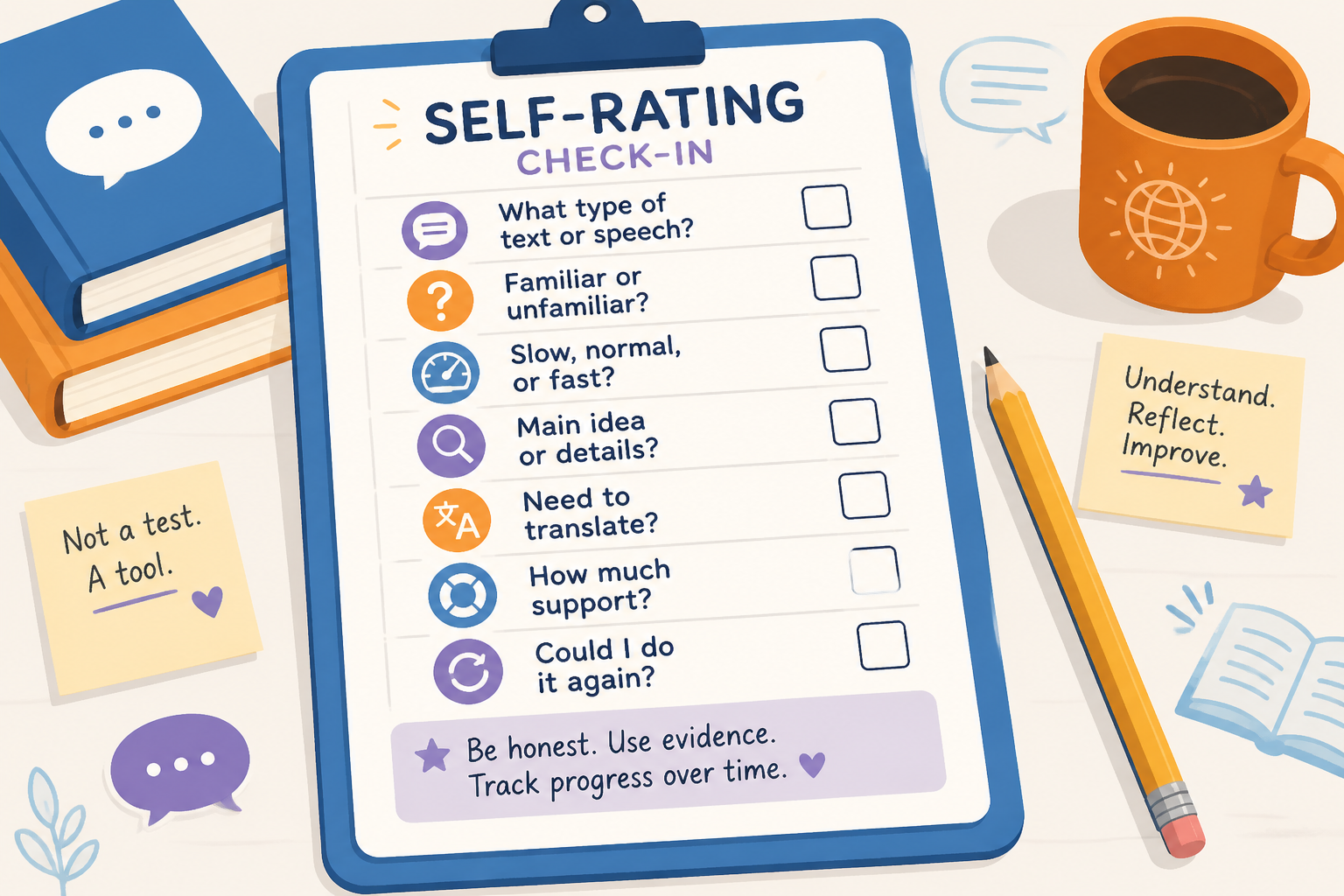 Self-assessment card with questions for rating language skills
