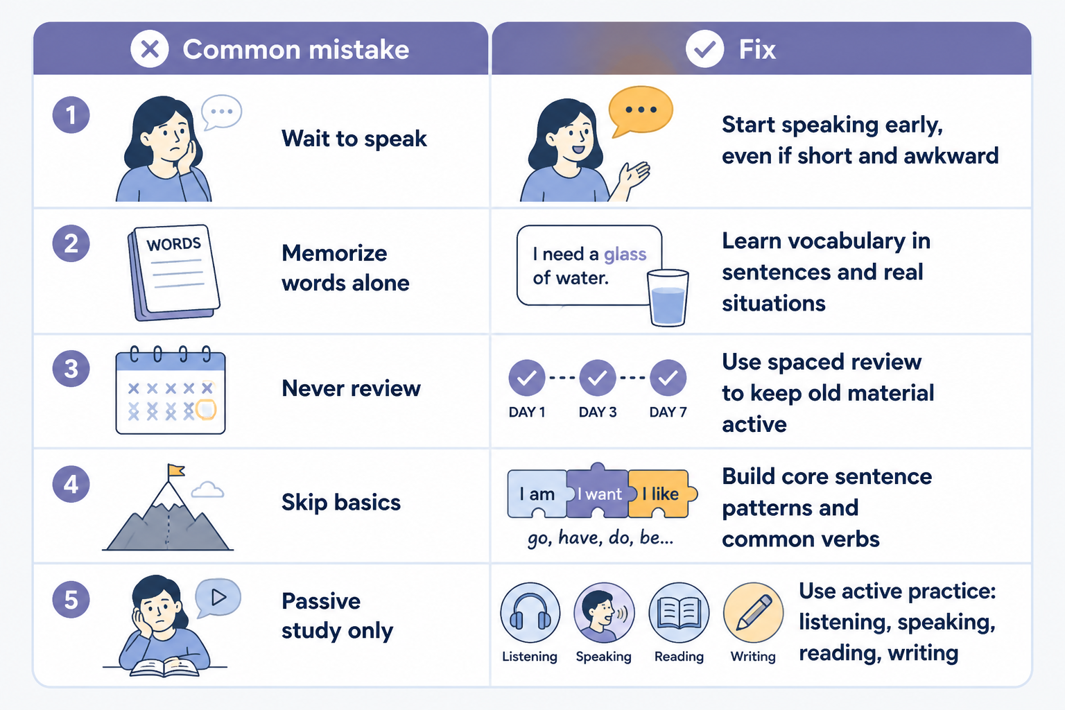 Two-column chart comparing common language-learning mistakes with better fixes