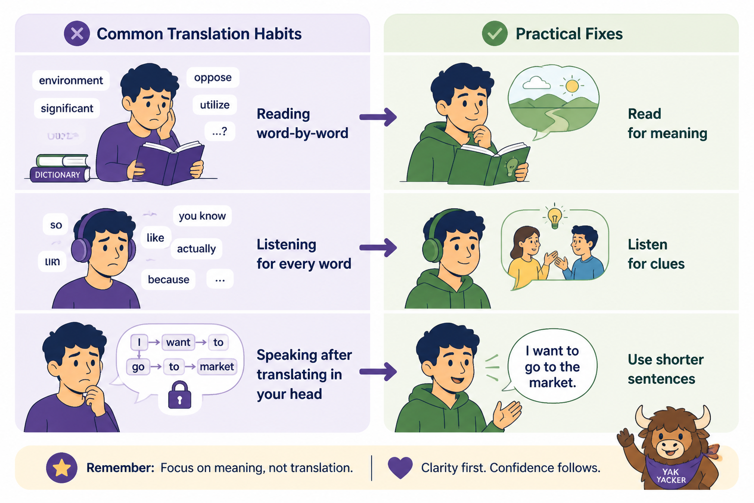 Two-column chart of translation mistakes and practical fixes