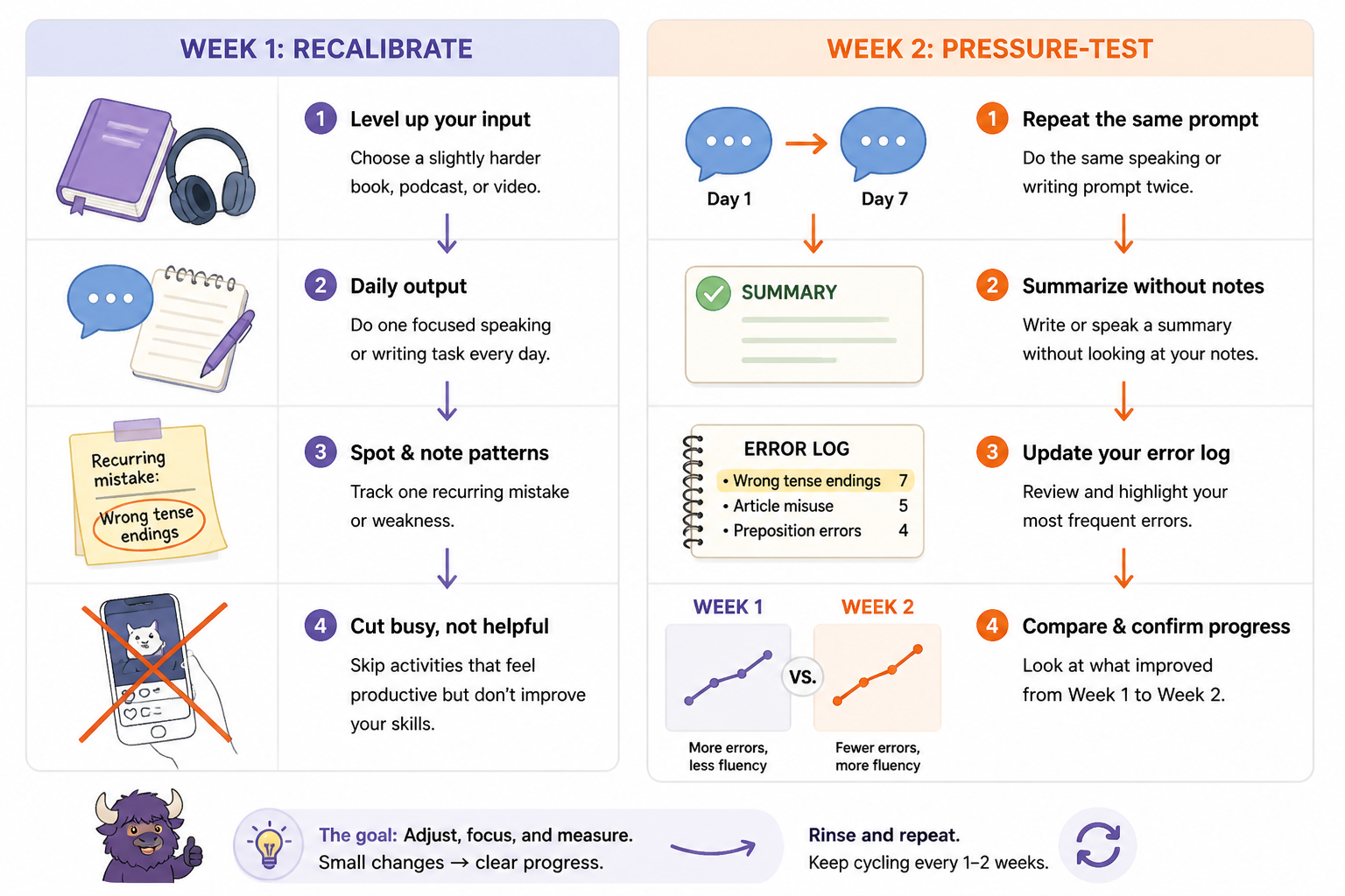 Two-week language learning reset plan with recalibrate and pressure-test phases