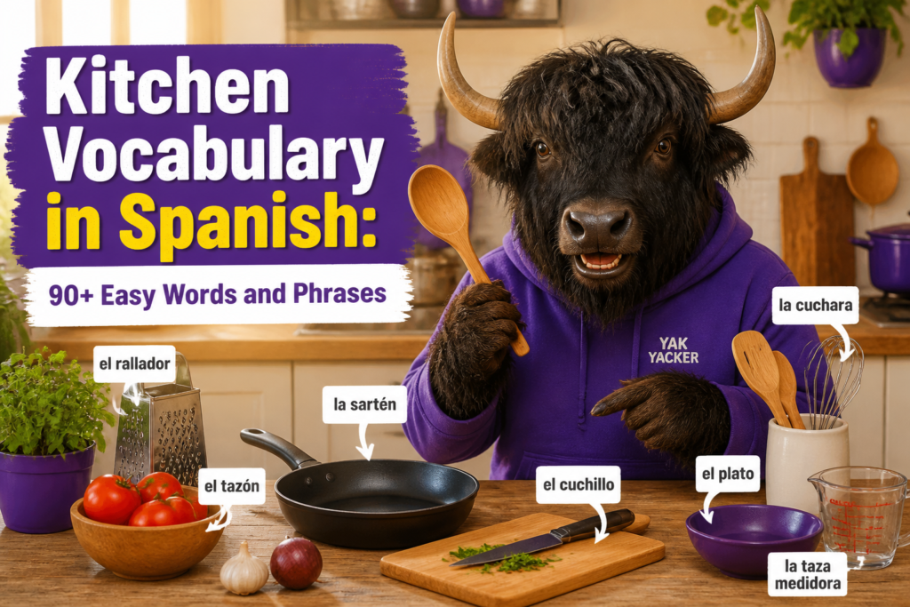 Kitchen tools labeled with Spanish vocabulary