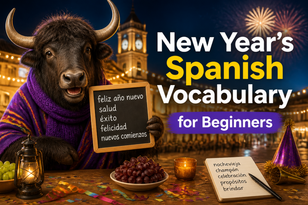 Spanish New Year’s vocabulary words and phrases on a festive background