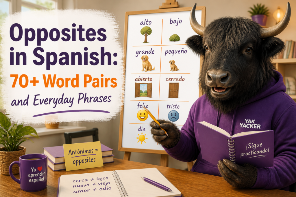 Opposite word pairs illustrated in Spanish