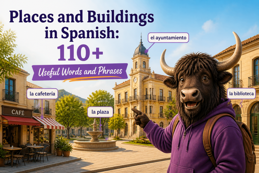 City buildings labeled with Spanish place vocabulary