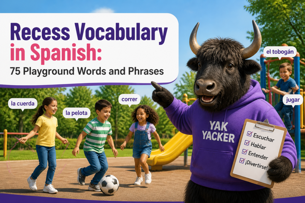 Children playing at recess with Spanish vocabulary labels
