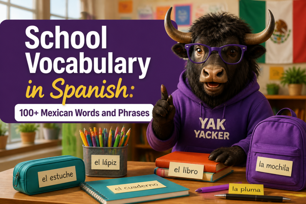 School supplies labeled with Spanish vocabulary