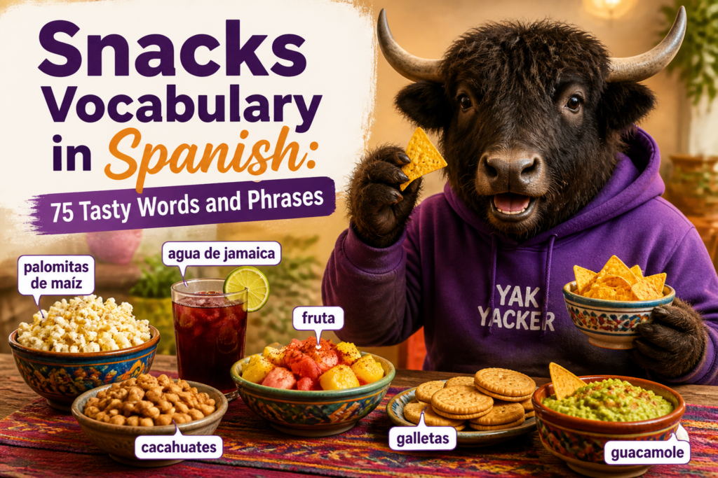Snack foods labeled with Spanish vocabulary