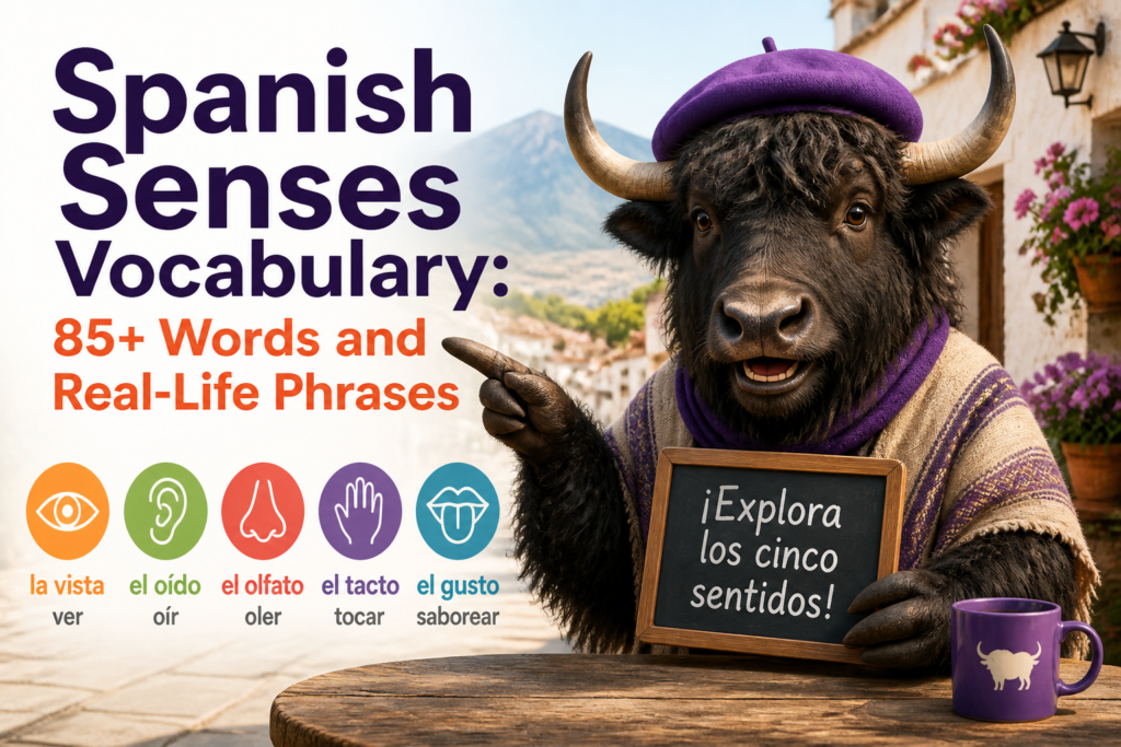 Five senses icons labeled with Spanish vocabulary