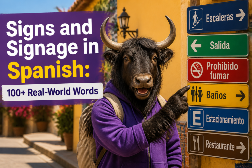 Public signs labeled with Spanish signage vocabulary