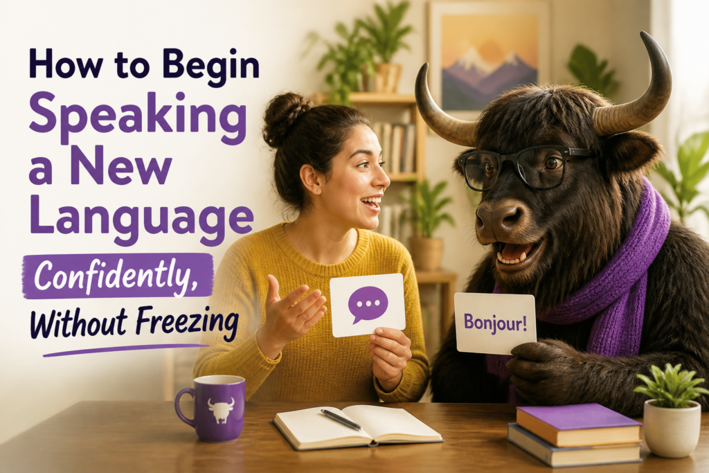 Person practicing speaking a new language with flashcards