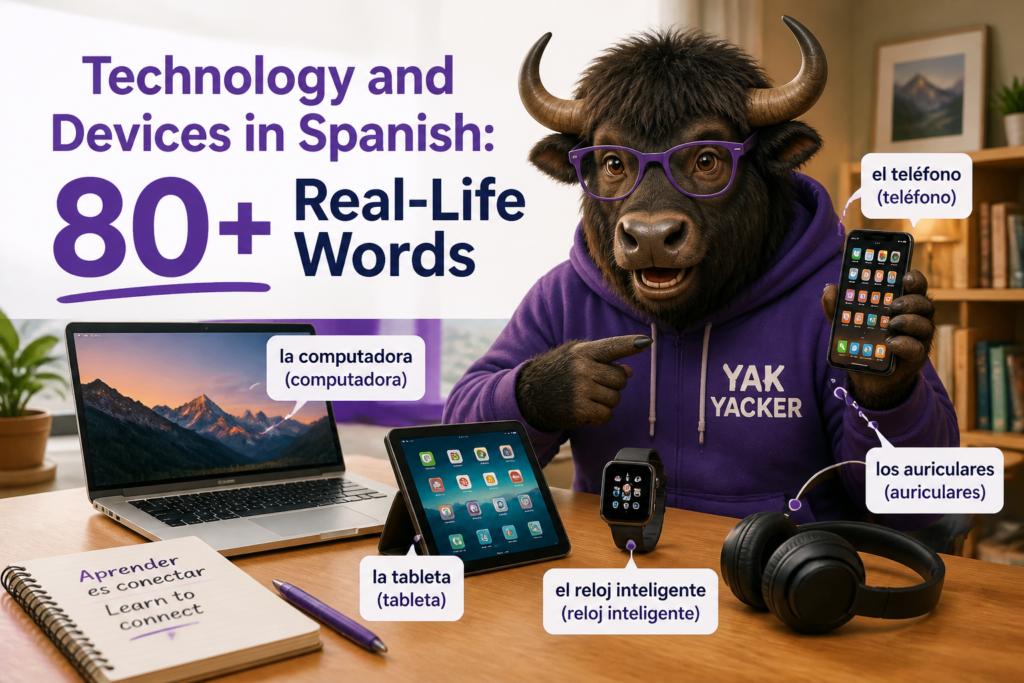 Technology devices labeled with Spanish vocabulary