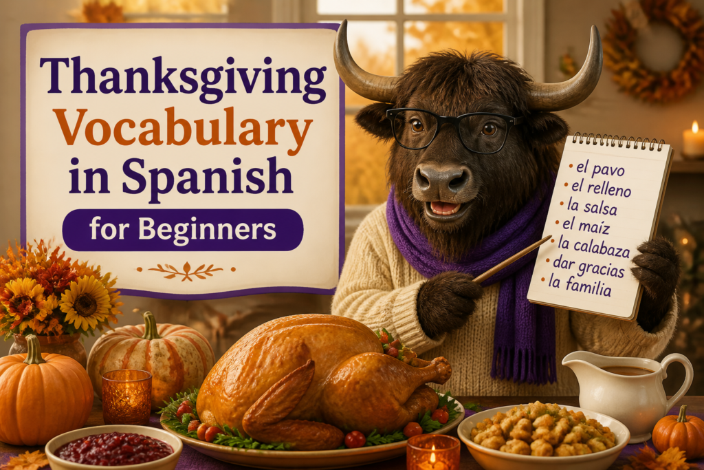 Thanksgiving vocabulary in Spanish with autumn-themed decorations