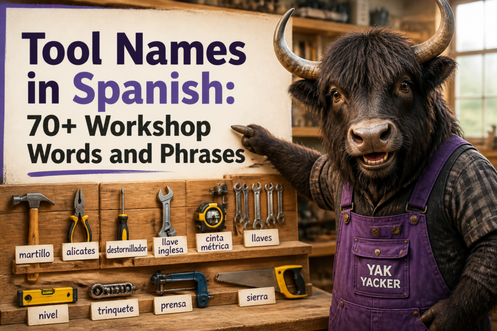 Workshop tools labeled with Spanish names