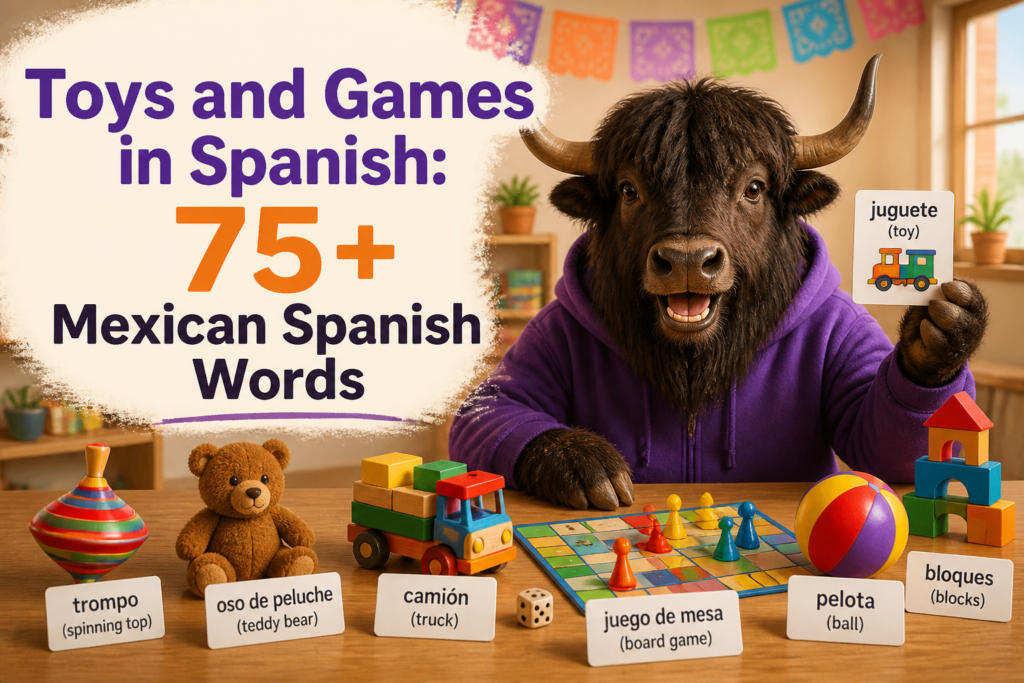 Toys and board games with Spanish vocabulary labels