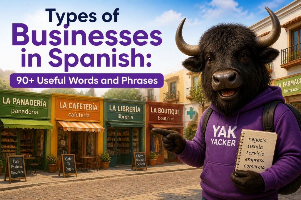 Storefronts labeled with Spanish business vocabulary