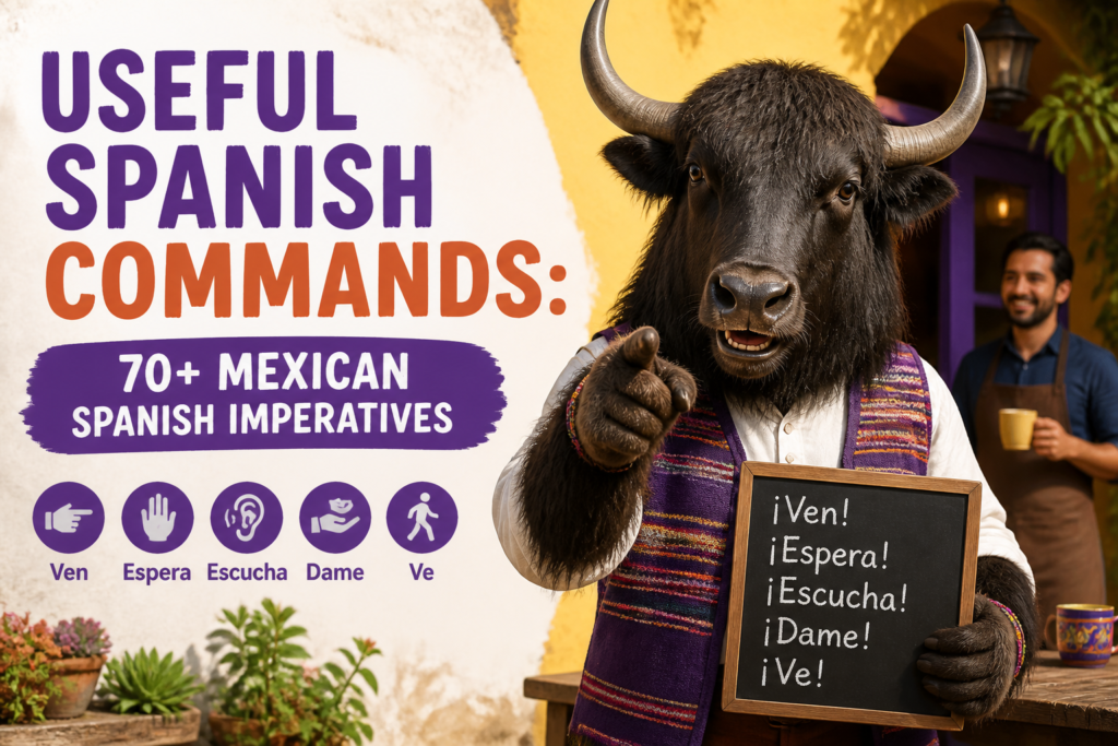 Spanish command phrases shown with action symbols