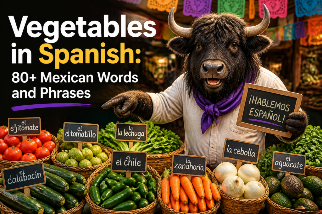 Fresh vegetables labeled with Spanish names