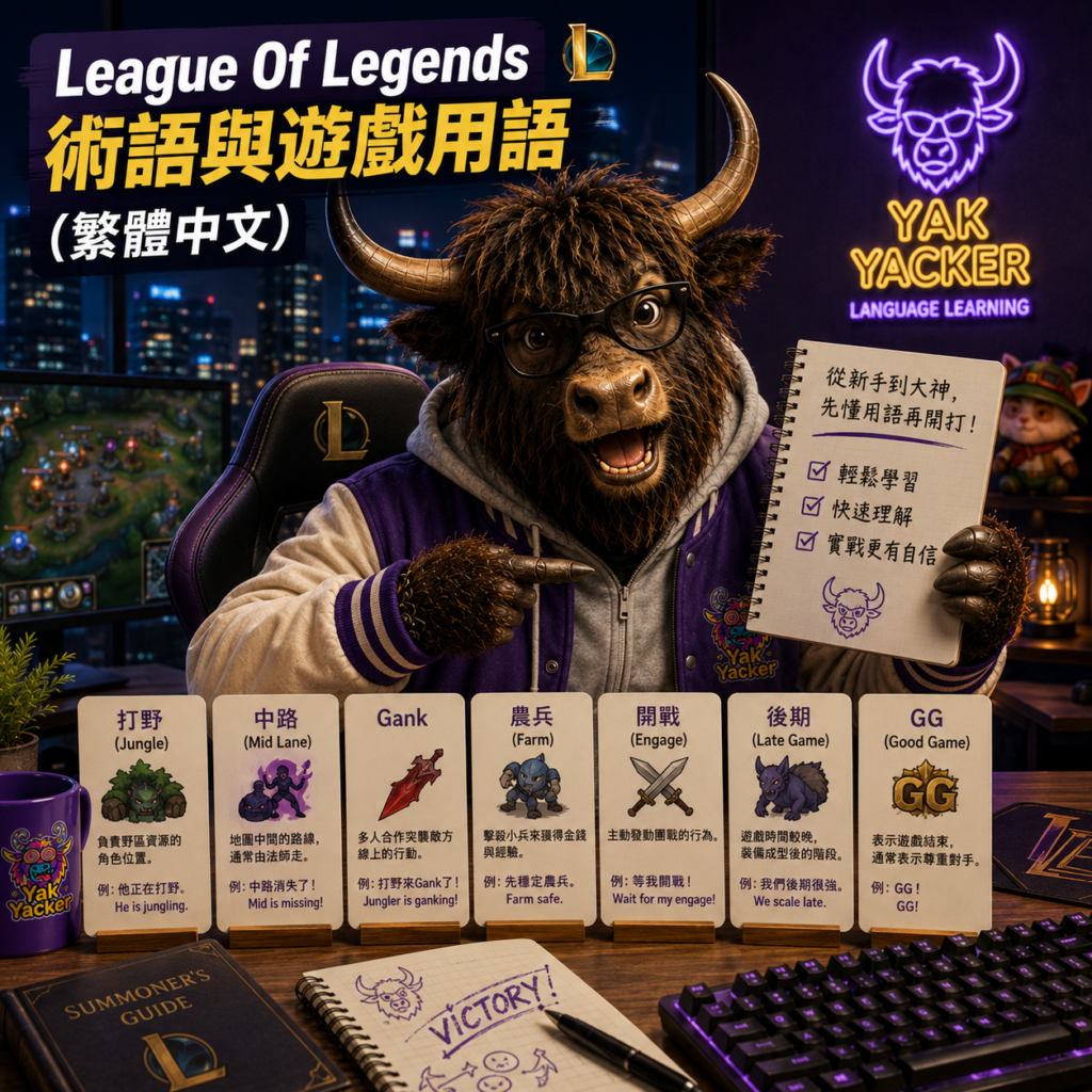 A personified yak Chinese teacher that explains Taiwan Mandarin League of Legends terms for beginners.