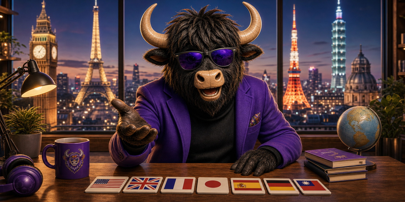 Photorealistic Yak Yacker mascot in a tailored purple blazer hosting free online language courses with clear international landmarks.