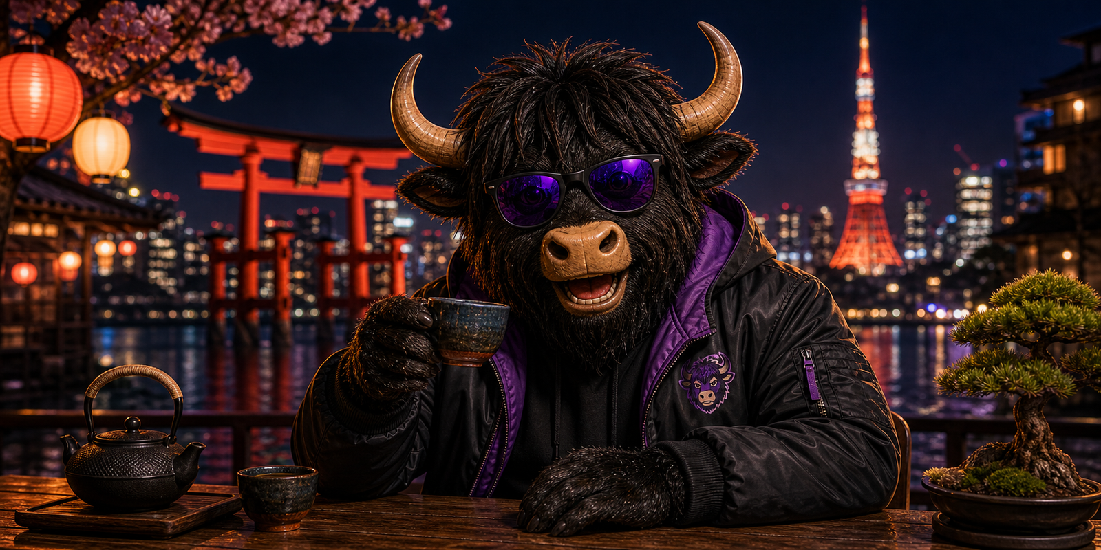 A personified yak learning Japanese with stationery and study cards.