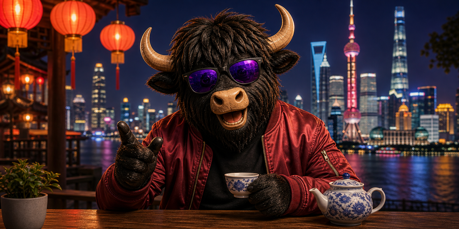 A personified yak studying Simplified Chinese and Mandarin.