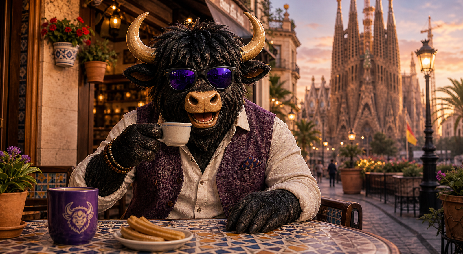 A personified yak learning Spanish with warm travel and study objects.