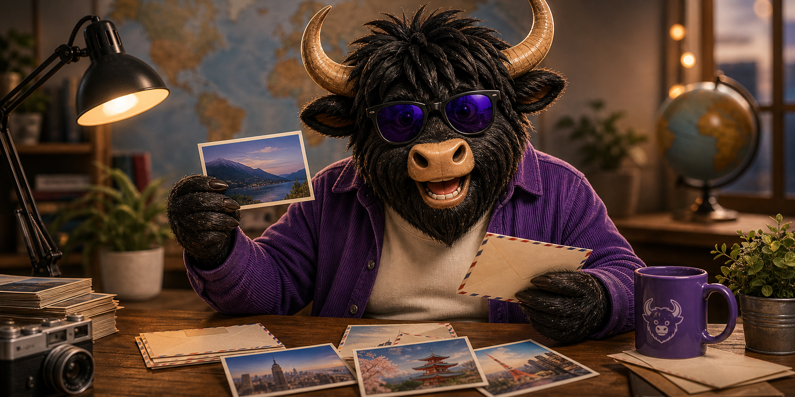 A friendly yak sending cheerful language-learning postcards.