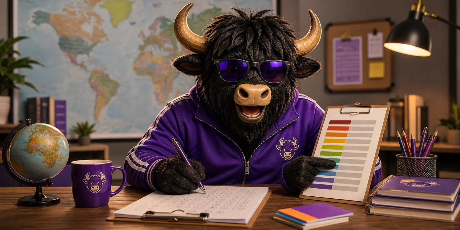 Photorealistic adult Yak Yacker mascot in a purple jacket helping learners find their level with a placement test.