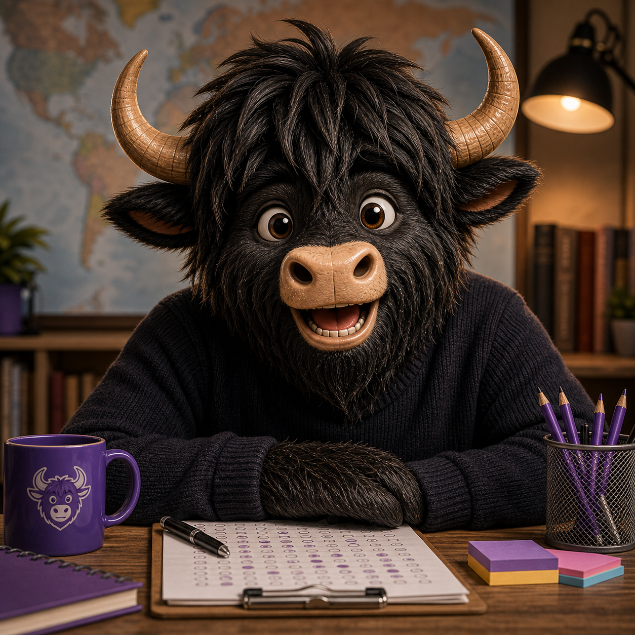 Photorealistic Yak Yacker mascot in a simple dark sweater helping learners find their level with a placement test.