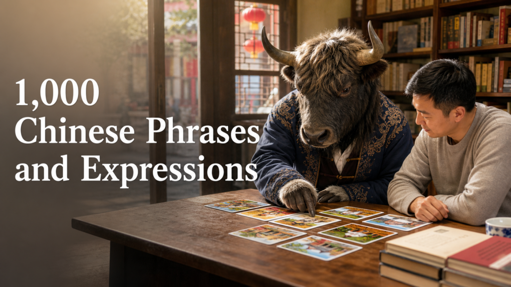 Adult Yak Yacker teaching 1,000 Chinese phrases and expressions in a Chinese bookshop.