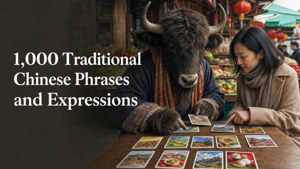 Adult Yak Yacker teaching 1,000 Traditional Chinese phrases and expressions at a market.