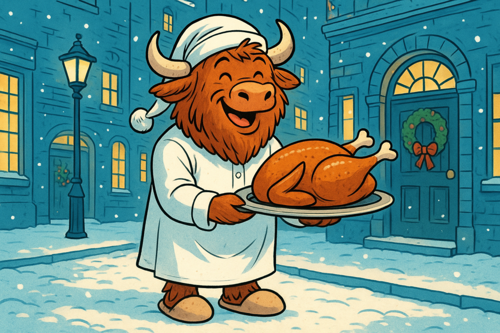 A yak mascot dressed as Ebenezer Scrooge in a nightshirt and cap cheerfully carries a large Christmas turkey through snowy Victorian streets.
