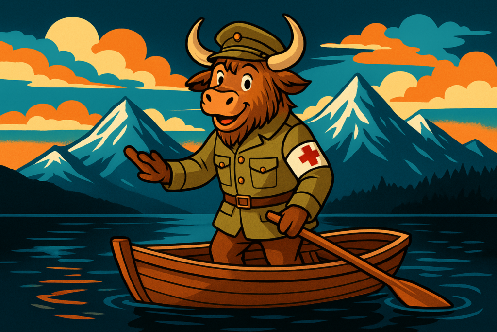 A personified yak dressed in a vintage Italian army ambulance driver uniform rows a small wooden boat across a dark lake, with snow-capped mountains in the background.