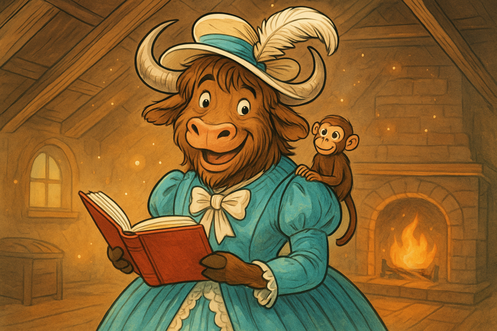 A yak mascot dressed as a little princess in a Victorian dress and big hat, holding a storybook with a monkey on its shoulder, in a warm attic with magical sparkles.