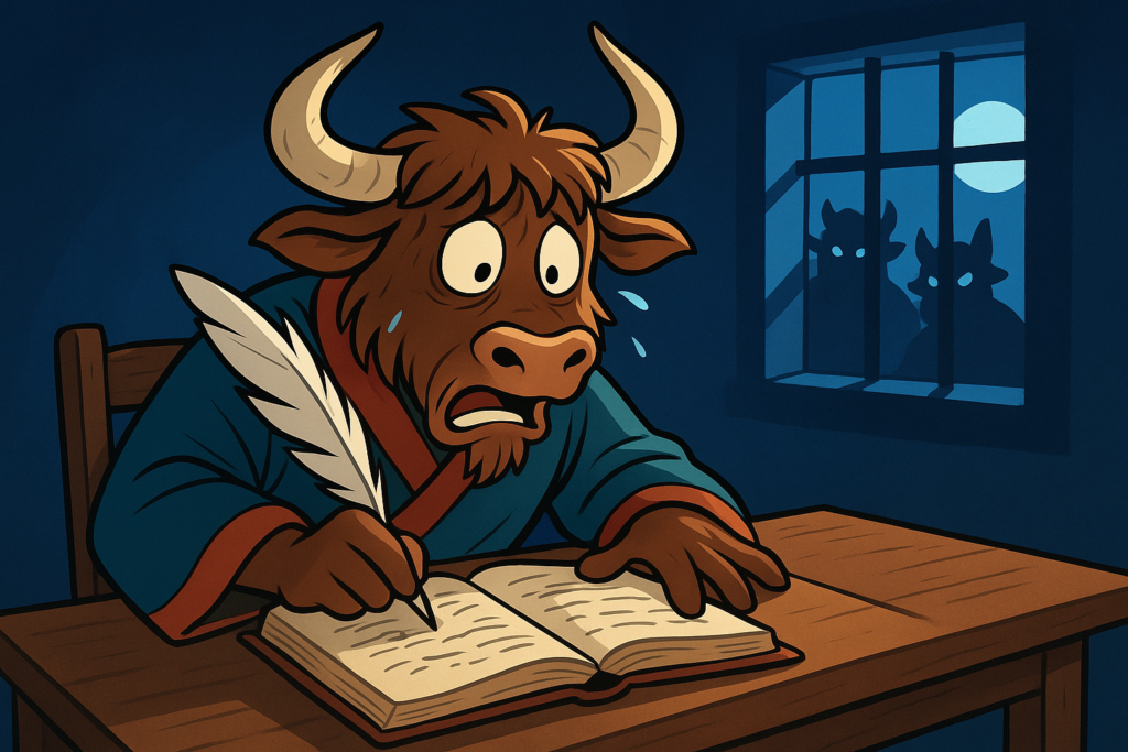 A personified yak wearing a traditional Chinese robe, writing in a diary under moonlight, with shadowy figures outside a barred window.
