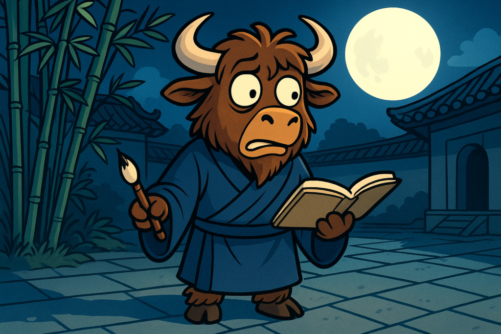 A personified yak in traditional blue Chinese robes writes in a diary while looking anxiously over his shoulder in a moonlit courtyard. He holds a brush and appears paranoid.