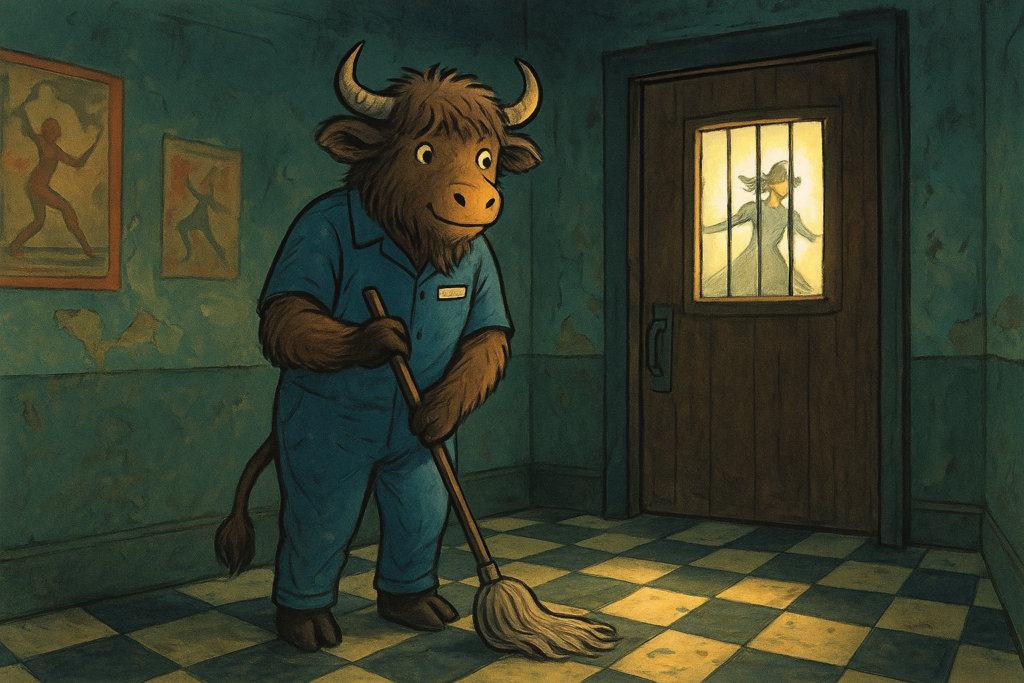 A personified yak in a janitor uniform pushes a mop in an old asylum hallway, stopping to look through a door window at a dancing woman inside the room.