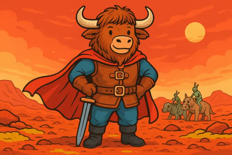 A personified yak mascot dressed as a space adventurer stands on a red Martian landscape with a cape and sword, against a backdrop of green aliens and a red sky.