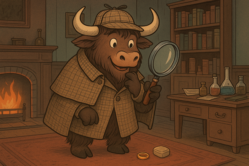 A yak mascot dressed as Sherlock Holmes examines a clue with a magnifying glass in a Victorian study.
