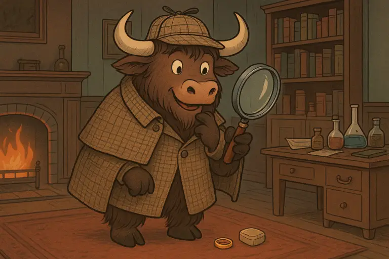 A yak mascot dressed as Sherlock Holmes examines a clue with a magnifying glass in a Victorian study.