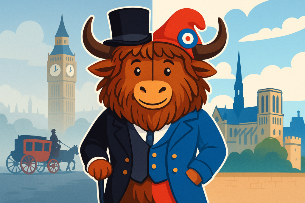 A yak mascot dressed as both a British gentleman and a French revolutionary stands between illustrated landmarks of London and Paris, representing the story 'A Tale of Two Cities'.