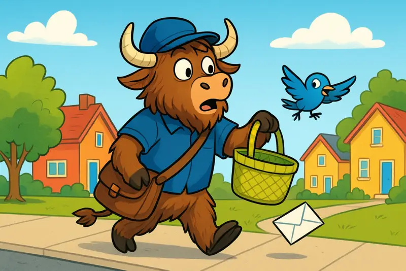 A personified yak mascot dressed as a postal worker walks along a sunny street, holding a green and yellow basket. It looks back in surprise as a letter falls out, while a blue bird flies in to help. The illustration is bright and cartoonish.