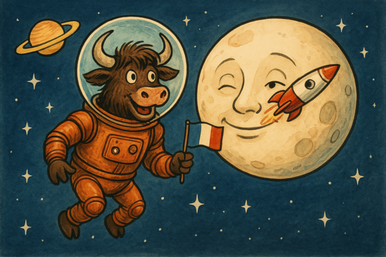 A cheerful yak astronaut floats next to a smiling moon that has a rocket in its eye, with stars and a ringed planet in the background.