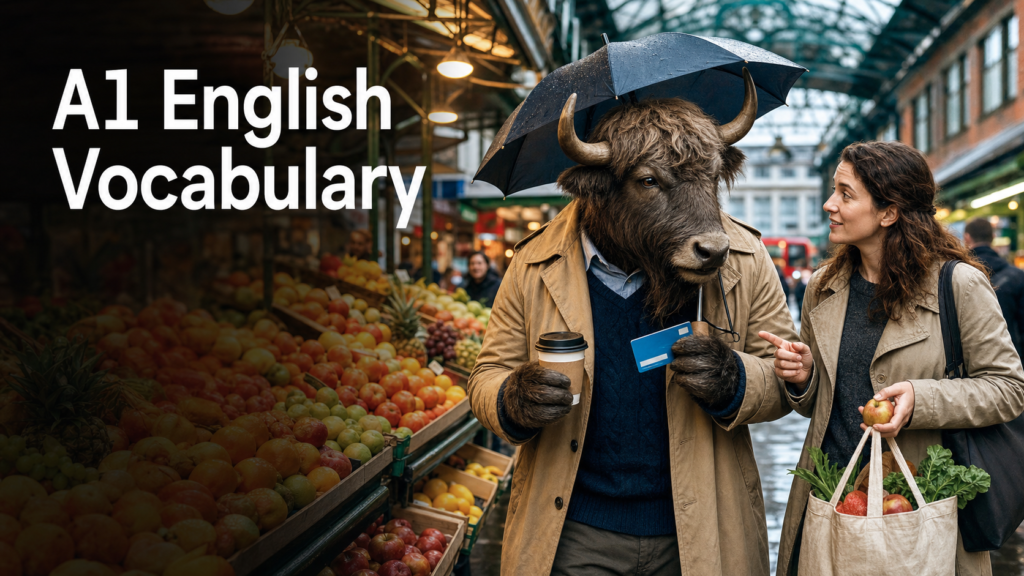 Adult Yak Yacker practicing A1 English vocabulary at a London market with travel and shopping objects.