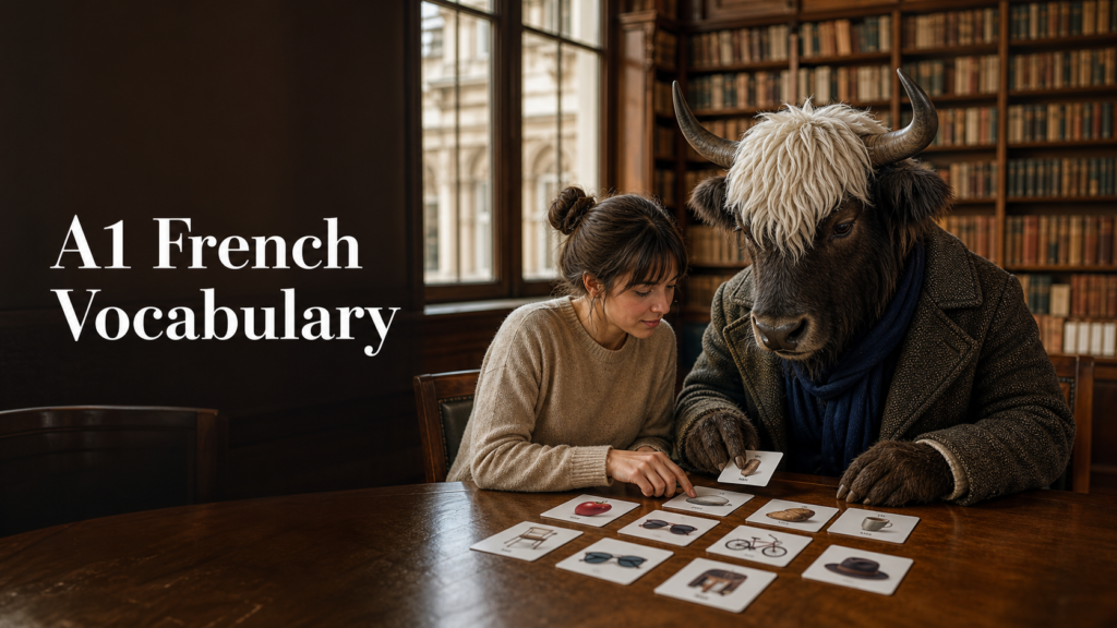 Adult Yak Yacker practising A1 French vocabulary in a historic library.