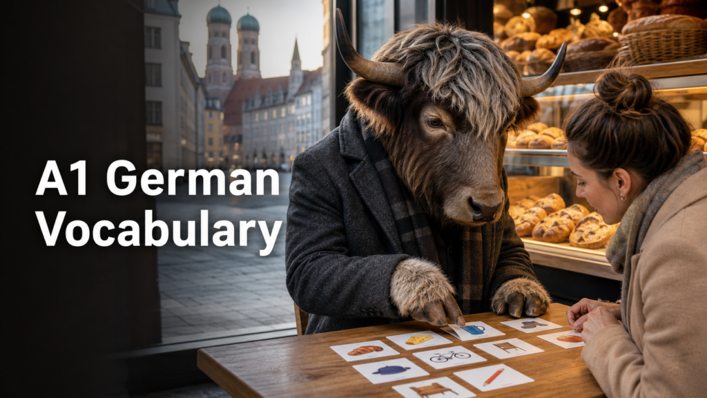 Adult Yak Yacker practising A1 German vocabulary in a Munich bakery.